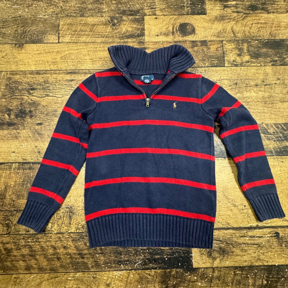 Polo Ralph Lauren Kids Sweater 10 12 Navy Red Stripe‎ Quarter Zip Cotton Blend